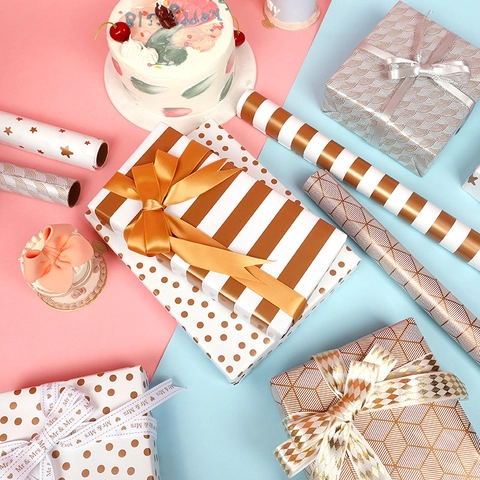 Gold Foil Metallic Gift Wrapping Paper Roll Polka Dot Stripe Star Geometric Pattern For Birthday Wedding Valentine