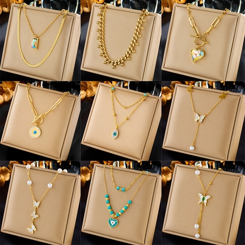 Stainless Steel Necklaces For Women With Butterfly Heart Evil Eye Pendant Mother Of Artificial Pearl Faux Artificial Pearl Multi Layer Elegant