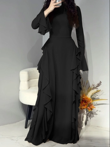 Elegantes Langarm Maxi Kleid Hoher Kragen Rüschen Volant Einfarbig Polyester A-Linie Casual Party
