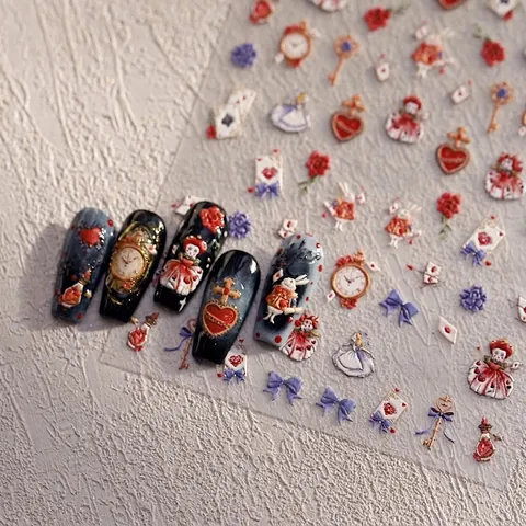Wonderland Fairytale 5D Relief Nail Art Stickers Vintage Retro Girl Rabbit Clock Heart Manicure DIY Decals