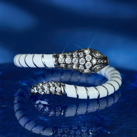 Snake Open Ring 925 Sterling Silver White Enamel Zircon Inlaid Adjustable Animal Design Jewelry For Women Men