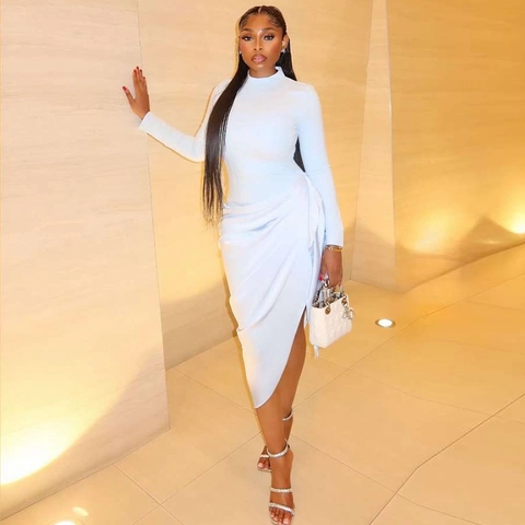 Elegant Long Sleeve Turtleneck Bodycon Midi Dress For Women Solid Color Ruched Side Slit Slim Fit Knitted Asymmetric Hem