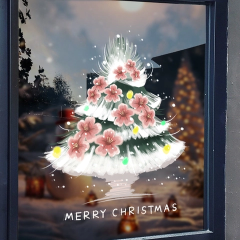 Christmas Window Cling Static PVC Sticker Snowy Tree Pink Flowers Glass Decoration Reusable Festive Atmosphere