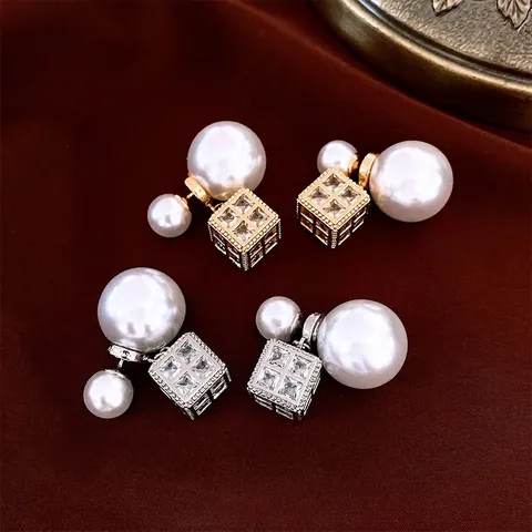 Orecchini Di Künstliche Perle Doppia Faccia Pendente Cubo Geometrico Zirconia Gioielli Chic Francesi Con Perno In Argento Sterling 925