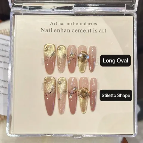 Handgefertigte Luxus Kunstnägel Zum Aufkleben Katzenauge Goldglitzer Strass Künstliche Perlen Nude Verlauf Lange Mandel Stiletto Damen