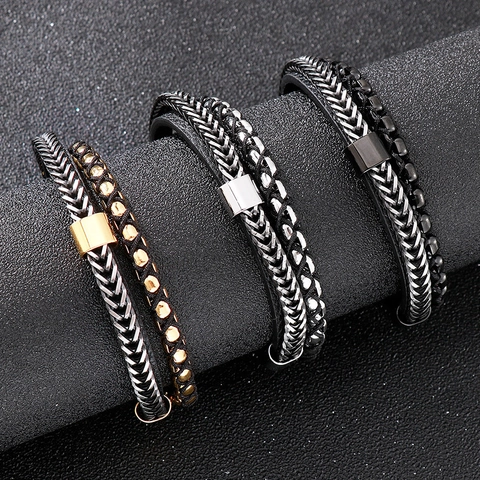 Men Multi-Layer Braided Leather Bracelet Stainless Steel Beaded Chain Punk Style Magnet Buckle Fashion Jewelry