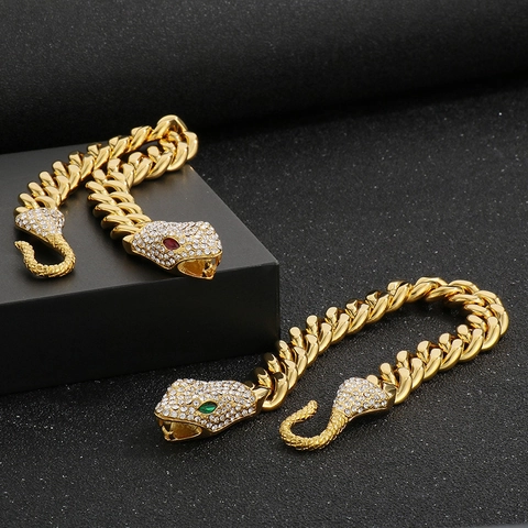 Hip Hop Men Stainless Steel Cuban Chain Bracelet Pave Zircon Snake Head Punk Jewelry With Green Red Gemstone Eyes