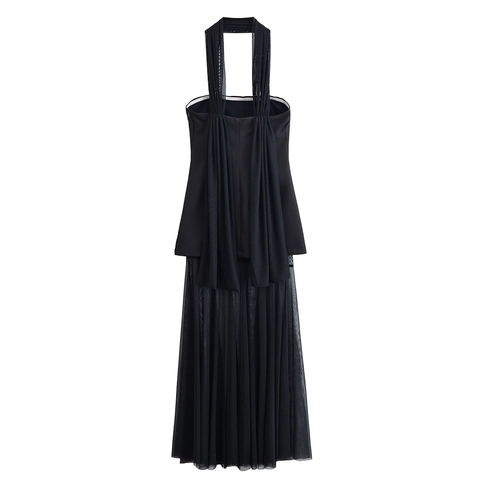 Halter Neck Maxi Dress Mesh Tulle Patchwork Sleeveless Backless Solid Black Elegant Party Evening Clubwear Women