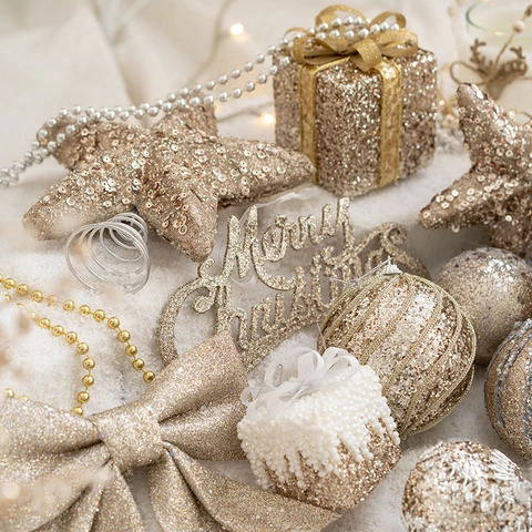 Christmas Tree Ornaments Hanging Decorations Glitter Champagne Gold Silver Balls Stars Bows For Holiday Party Home Decor