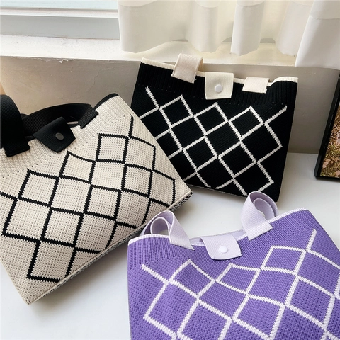 Strick Tote Tasche Damen Geometrisches Rautenmuster Große Kapazität Tragbare Handtasche Für Alltag Lässig Reise Mode