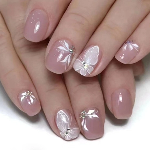 Press On Nails Short Square Glossy Nude Pink Butterfly Floral Patterns Rhinestone Decor Sweet Style Artificial Fingernails