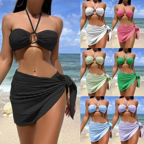 Women Bikini Halter Top And Bottom With Ribbed Sarong Skirt Solid Color Beach Swimwear Vacation Style