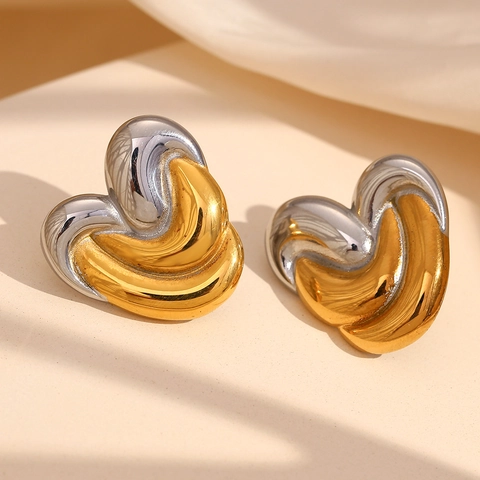 Ins Stil Mode Edelstahl 18K Vergoldet Zweifarbig Umwickelt Herz Ohrstecker Für Damen Nischen Design Schmuck