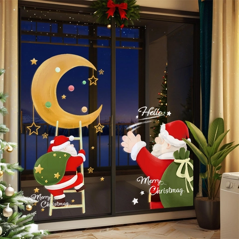 Christmas Santa Claus Moon Stars Window Stickers PVC Static Cling Decals Double Sided UV Printed Removable Shop Home Decor