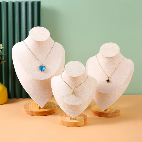 Necklace Display Stand Solid Wood Base Velvet Portrait Bust Jewelry Pendant Holder Showcase Organizer
