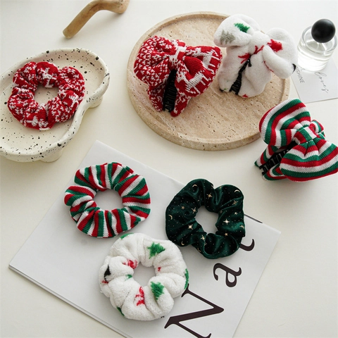 Christmas Scrunchies Hair Ties Velvet Knit Plush Fabric Elastic Festive Holiday Hair Accessories Women Girls
