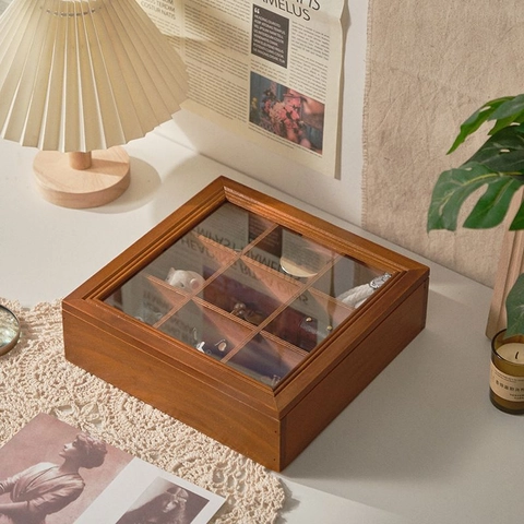 Scatola Di Immagazzinaggio Vintage In Legno Con Scomparti Multipli E Coperchio In Acrilico Trasparente Organizzatore