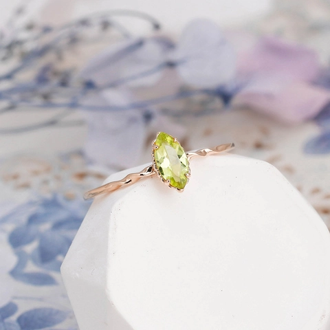 French Vintage 14K Gold Plated Marquise Cut Green Peridot Ring Twisted Band For Women Fine Jewelry
