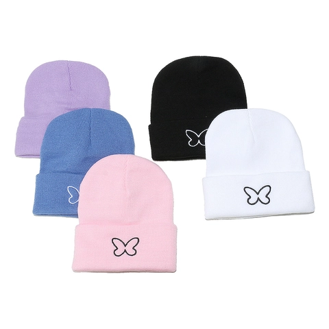 Dames Schattige Vlinder Geborduurde Gebreide Muts Zacht Acryl Warme Wintermuts Dagelijkse Mode Japanse Koreaanse Stijl