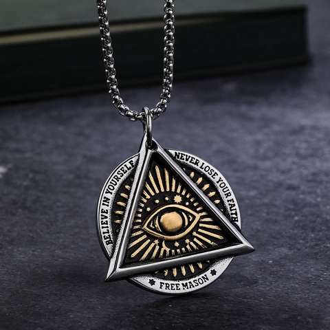 All Seeing Eye Pendant Necklace Stainless Steel Triangle Eye Of Providence Vintage Masonic Faith Quote Jewelry For Men