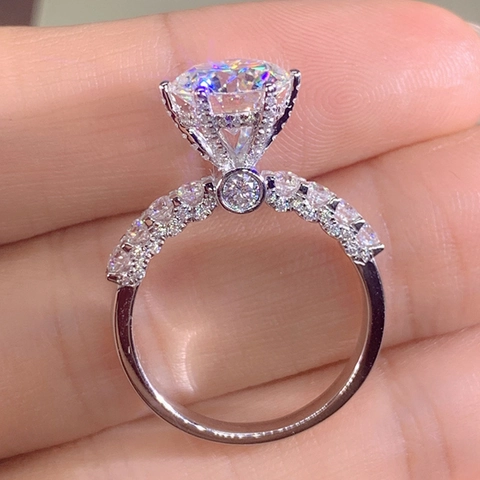 Elegant Wedding Engagement Ring For Women Copper White Gold Plated Brilliant Round Zircon 6-Prong Pavé Classic Jewelry