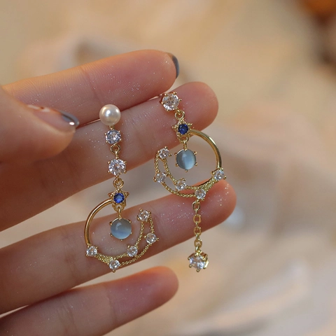 Asymmetrische Lange Quasten Ohrhänger Legierung Mit 925 Sterling Silber Ohrstecker Künstliche Perle Mond Stern Blume Elegant Damen