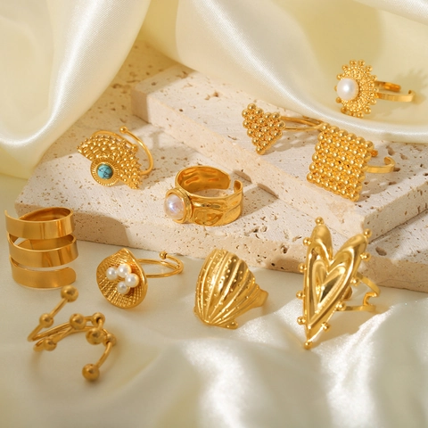 Anillos Abiertos De Corazón Y Concha Para Mujer Acero Inoxidable Perla Artificial Sintética Turquesa Bohemio Ajustable Joyería