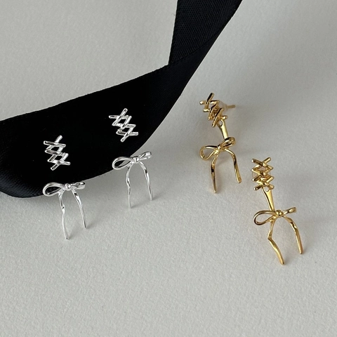 Dolci Orecchini a Bottone a Fiocco in Lega Con Perno in Argento Sterling 925 Eleganti Orecchini Geometrici con Nastro da Donna