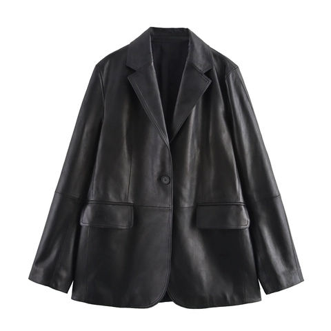 Damen Kunstleder Blazer Jacke PU Anzugkragen Einreihig Langarm Casual Streetwear Oberbekleidung Tasche