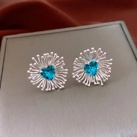 Orecchini A Lobo Cuore Zircone Blu Rame Design Fuoco D'Artificio Con Perno In Argento Sterling 925 Vintage Moda