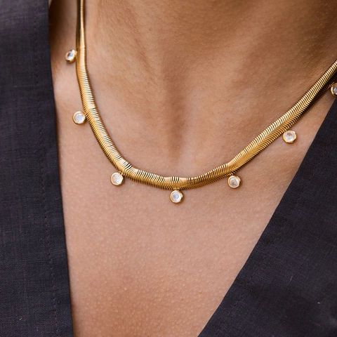 18K Gold Plated Stainless Steel Flat Snake Bone Chain Necklace For Women Minimalist Zirconia Pendant Choker Fashion Jewelry