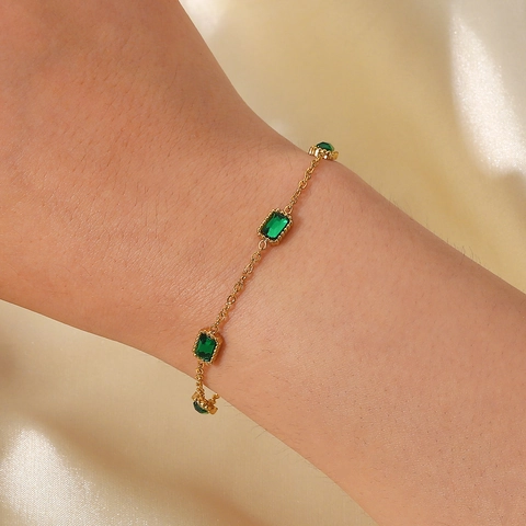 Vintage Roestvrij Stalen Groene Strass Armband Voor Dames Smaragd Geslepen Rechthoekige Steen Verstelbare Ketting Sieraden