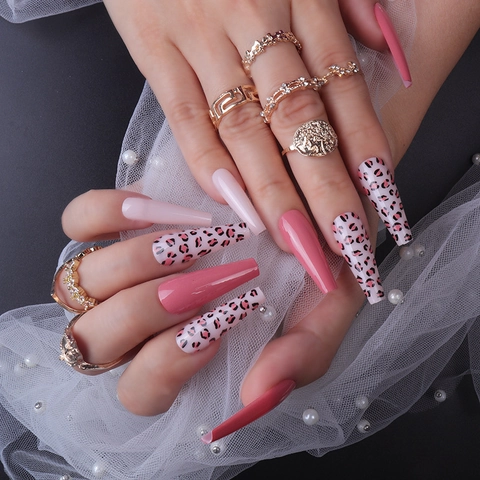Press On Nagels Lange Ballerina Vorm Kunstnagels Glanzend Rozerood Luipaardprint Afneembaar DIY Manicure Accessoire