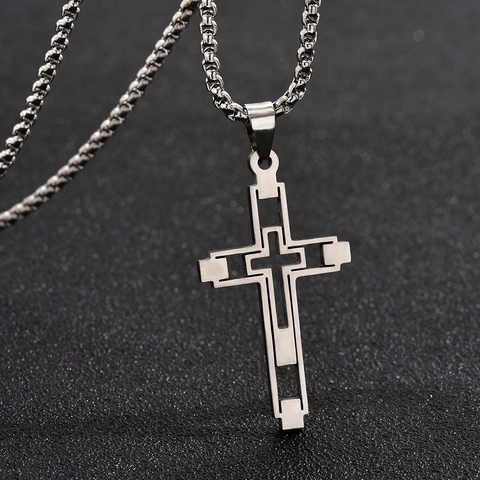 Collar Con Colgante De Cruz Acero Inoxidable Hueco Geométrico Joyería Religiosa Moda Minimalista Para Hombre Mujer Plata