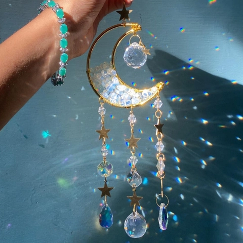 Natural Crystal Sun Catcher Moon Star Hanging Ornament Gold Metal Frame Rainbow Maker For Home Window Garden Decor