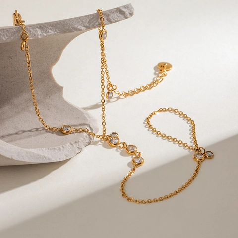Finger Ring Hand Chain Bracelet Gold Plated Stainless Steel Round Cubic Zirconia For Women Minimalist Adjustable Jewelry