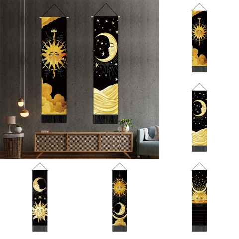 Celestial Sun And Moon Wall Tapestry Polyester Cotton Hanging Painting With Wood Rod And Tassels Boho Home Decor