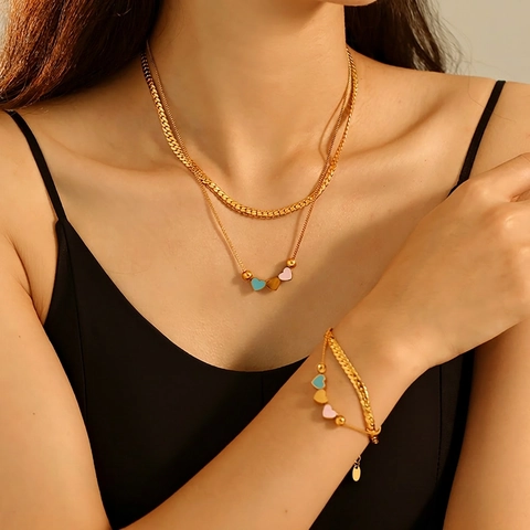 Stainless Steel Double Layer Heart Necklace Bracelet Set Colorful Enamel Drip Oil Snake Chain Jewelry Set For Women Vintage