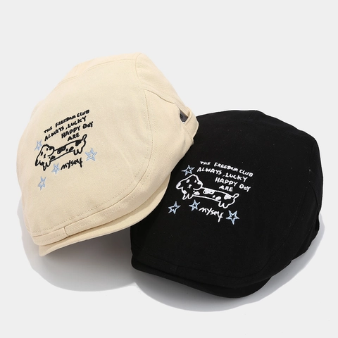 Cotton Flat Cap Vintage Beret With Dog Embroidery Y2K Streetwear Ivy Hat For Men Women Adjustable