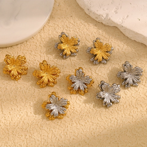 Vintage Flower Leaf Stud Earrings Stainless Steel 18K Gold Plated Irregular Double Layer Light Luxury Jewelry For Women