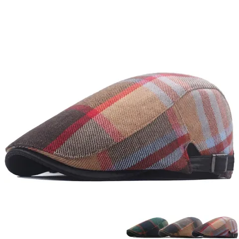 Vintage Plaid Flat Cap For Men Women British Gatsby Style Newsboy Hat With Adjustable Side Buckle Polyester Tweed Texture