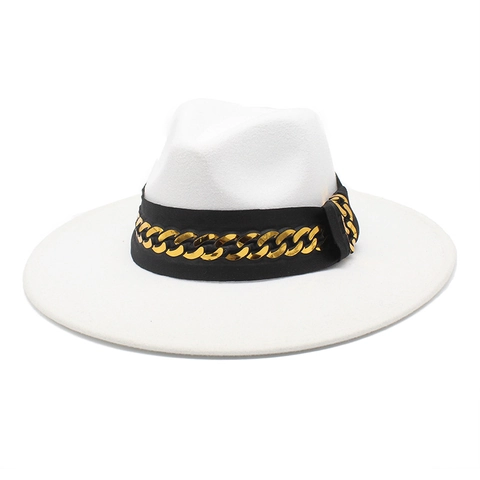 Fedora Hat Wool Felt Wide Flat Brim Gold Metal Chain Decor Vintage Elegant Jazz Cap For Women Men