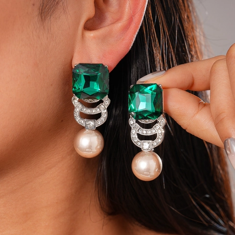 Hängeohrringe Legierung Kunstperle Smaragd Straß Mit Silver Earring Post Retro Geometrisch Für Damen