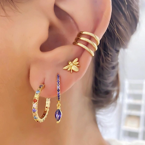 Bunte Zirkonia Creolen Vergoldetes Kupfer Bienenstecker Marquise Violette Steine Ear Cuffs Trendiger Schmuck Für Damen