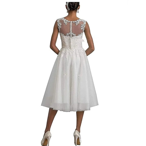 Abito Da Sposa Corto Pizzo Tulle Ricamo Senza Maniche Scollo Illusione Linea A Abito Nuziale Elegante Avorio Bottoni Schiena
