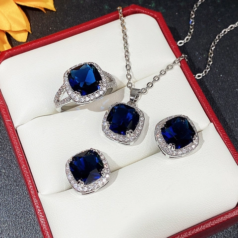 Elegante Quadratische Blaue Zirkon Schmuckkollektion Für Damen Kupfer Halskette Ohrringe Ring Halo Luxus