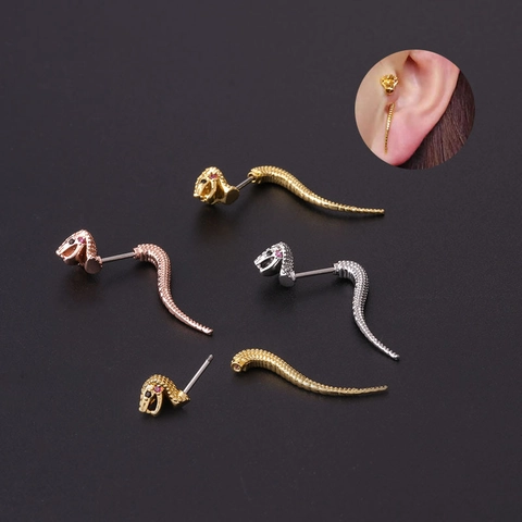 Snake Shaped Ear Cartilage Stud Stainless Steel Screw Back Copper Zircon Punk Piercing Jewelry For Women Accessory