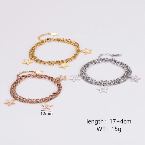 Pulsera De Estrella De Acero Inoxidable Cadena De Doble Capa Con Circonita Para Mujer Joyería De Moda Elegante