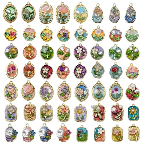 Colgantes De Flores Retro Franceses Charms De Aleación De Zinc Esmalte Goteo De Aceite Para Hacer Joyas Accesorios Con Perla Barroca Artificial