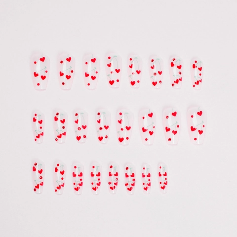 Uñas Postizas Ataúd Largo Patrón Cereza Roja Corazón Decoración Diamantes Imitación Estilo Francés Dulce Mujeres